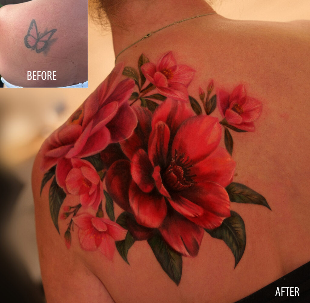 Before and after cover-up: butterfly replaced with red floral shoulder tattoo