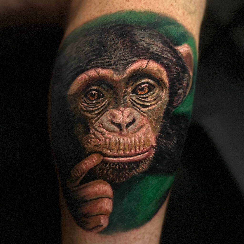 Colour realism monkey tattoo on leg