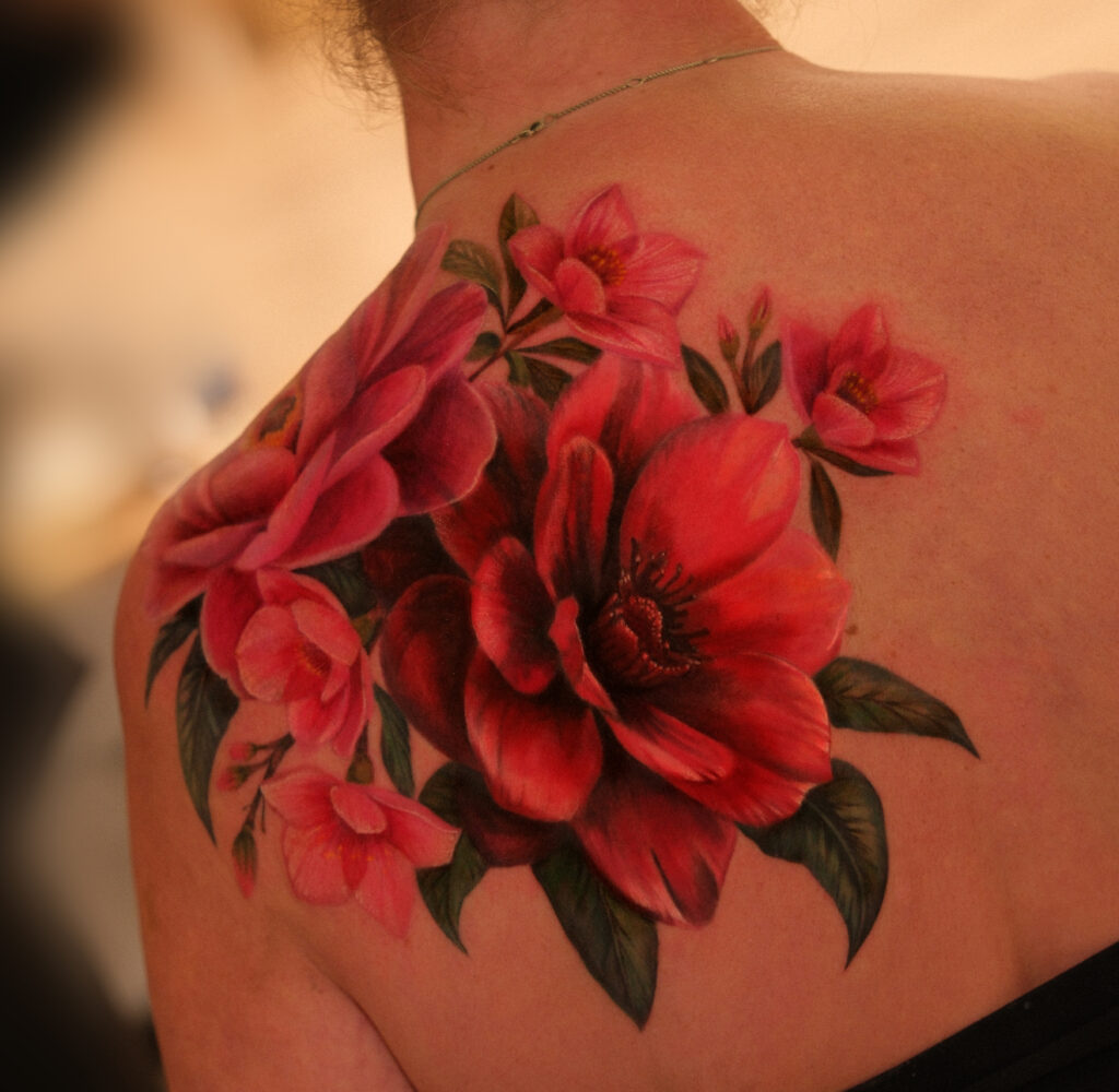 Colour realism red floral shoulder tattoo